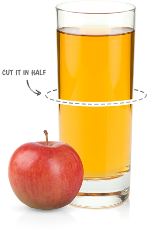 Glass of apple juice being sliced in half.
